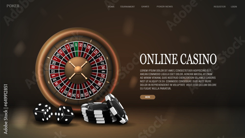 A web banner with a roulette for a casino with dice and poker chips in gold on a black background.
