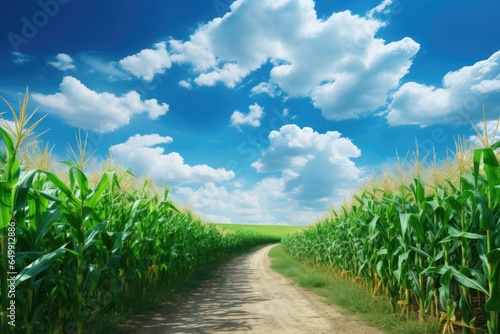 Cornfield with a road in the middle. Generative AI
