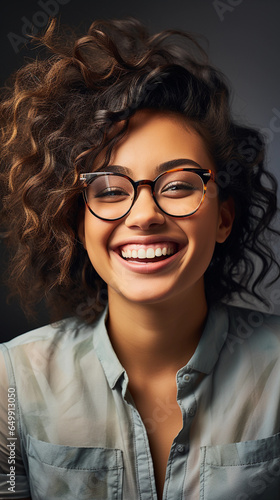 a beautiful Happy satisfied attractive confident woman wearing glasses with charming radiant smile, realistic portrait, generated with AI