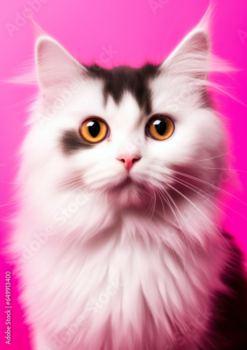 Animal portrait of a white cat on a pink background conceptual for frame