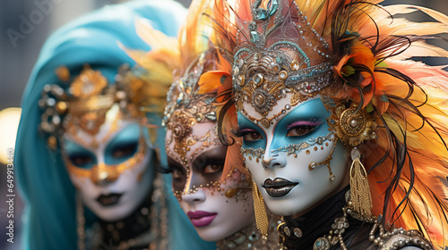 Carnival Spirit: A parade of colorful masks and costumes intertwines with modern street fashion, capturing the energy of carnival celebrations.