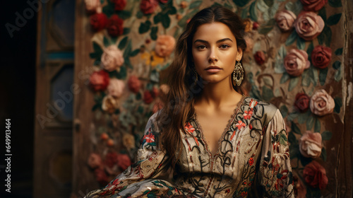 Floral Folklore: A modern woman adorned in traditional attire weaves intricate patterns inspired by indigenous textiles, connecting past and present.