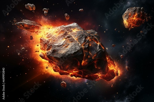 Fiery space rock on dark background. Hyper-realistic art. Generative AI