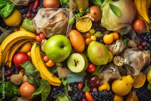 Green background  sorted kitchen garbage in eco bags  compost container  sustainable living. Fruits  vegetables  and food scraps collected in ga... Generative AI