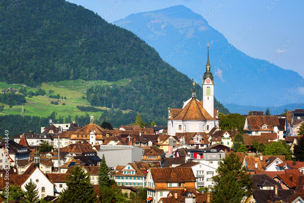 Schwyz city in swiss Alps mountains, Switzerland