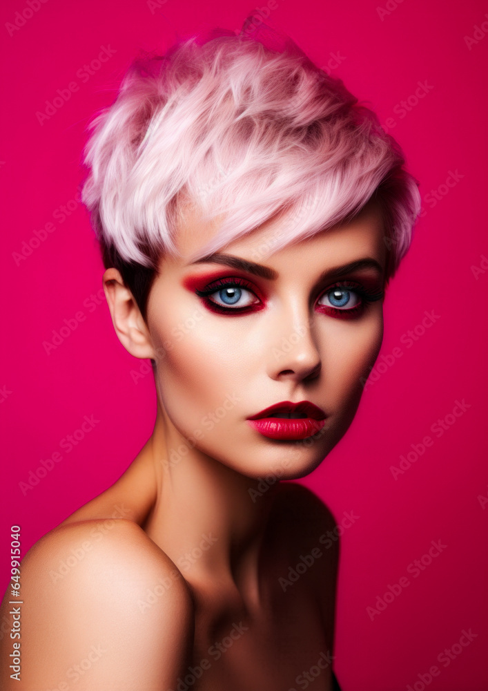 Short hair woman on a conceptual pink background for frame