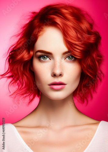 Redhead woman on a conceptual pink background for frame