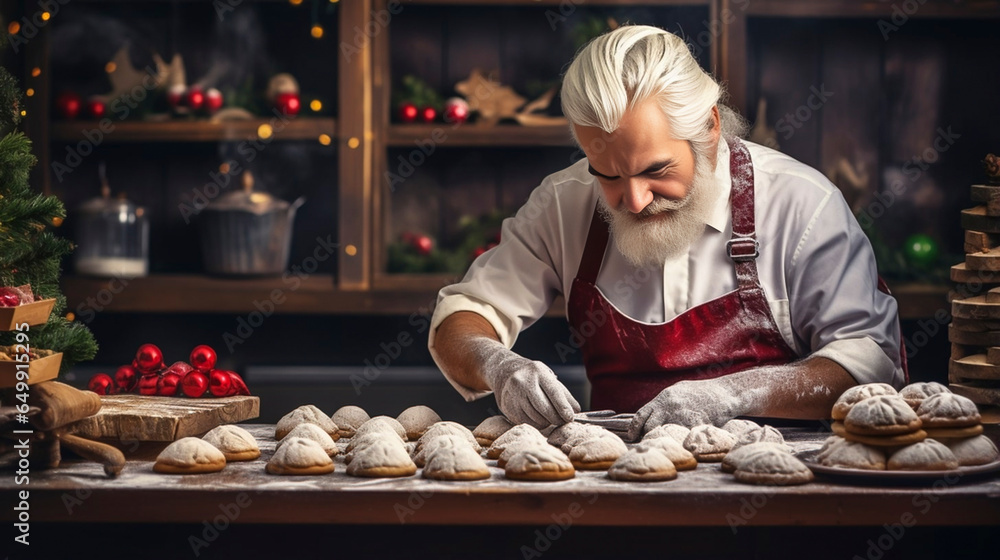 stockphotography, The chef makes Christmas pastries. Chef preparing bakery specialities for christmas time.
Fresh prepared food. Expertise. Chef at work.
 - obrazy, fototapety, plakaty 