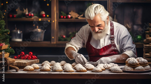 stockphotography, The chef makes Christmas pastries. Chef preparing bakery specialities for christmas time. Fresh prepared food. Expertise. Chef at work. 