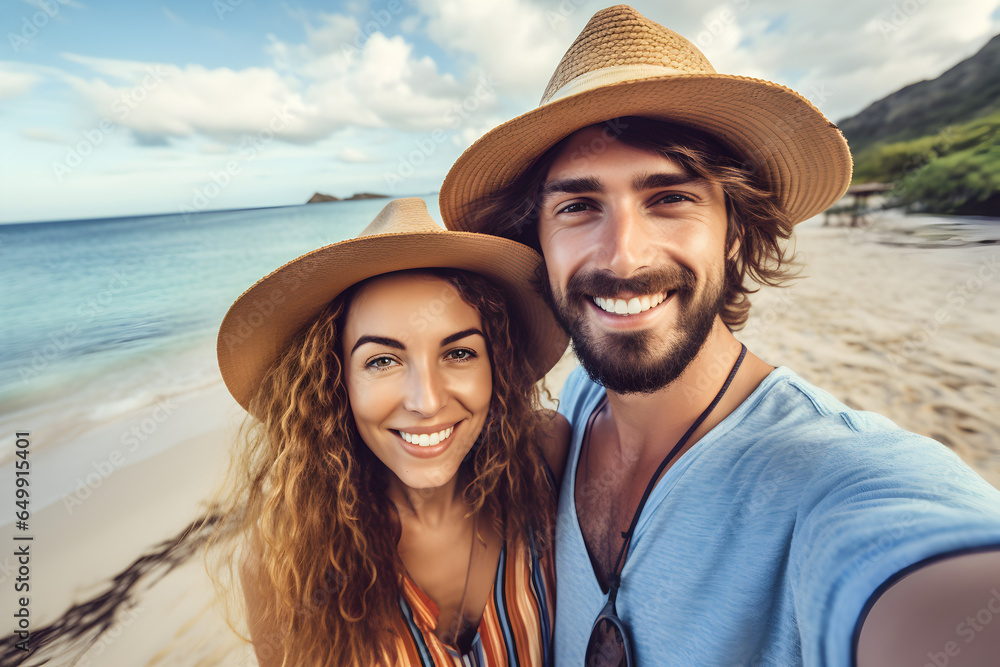 © Annemarie - beautiful couple wearing hats taking a selfie with their smartphone at the beach. Generative AI