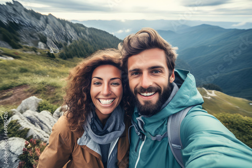 Beautiful brown haired couple in outdoor clothes taking a selfie with their smartphone in the mountains. Generative AI