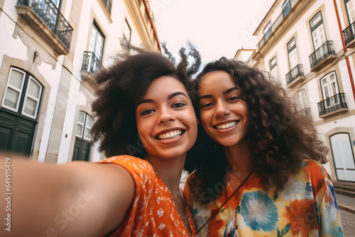 Two young beautiful black girls taking a selfie with their smartphone in the streets of Lisbon, Portugal. Generative AI