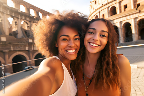 Two young beautiful girls with different skin tones taking a selfie with their smartphone in front of the colosseum, Rome, Italy. Generative AI