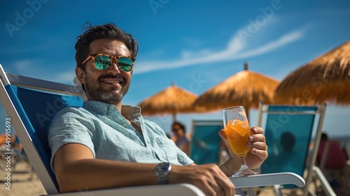 Tourist relaxing on a sun lounger sipping a tropical drink at a luxury beach resort. © OKAN