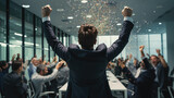 Happy businessman celebrates success with team and confetti in office, generative ai