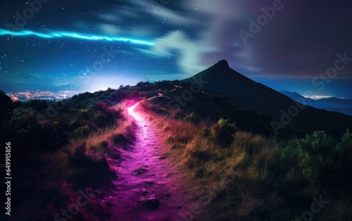 Vibrant color glowing path to the peak of a mountain. Generative AI