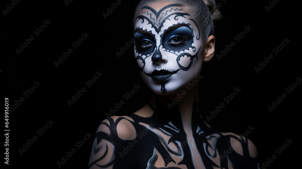 A Woman with Halloween Face Paint Poses Against a Black, Matte Background - Halloween and Day of the Dead Concept with Copy Space A Woman with Halloween Face Paint Poses Against a Black, Matte Background - Halloween and Day of the Dead Concept with Copy Space
