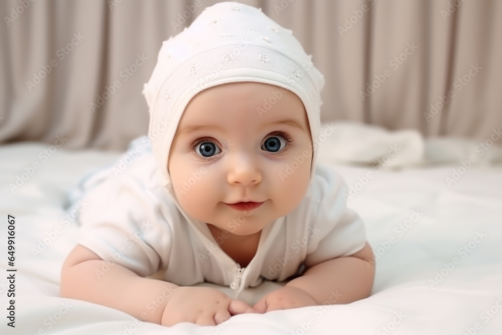 Portrait of a cute baby lying on the bed at home. Portrait of a cute baby lying on the bed at home.