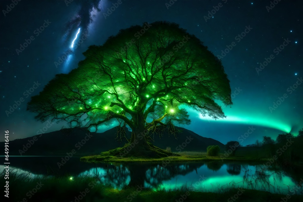 GALAXY SKY, BIG TREE, DRAMATIC ATMOSPHERE, ISLAND, WATERFALL - AI Generative