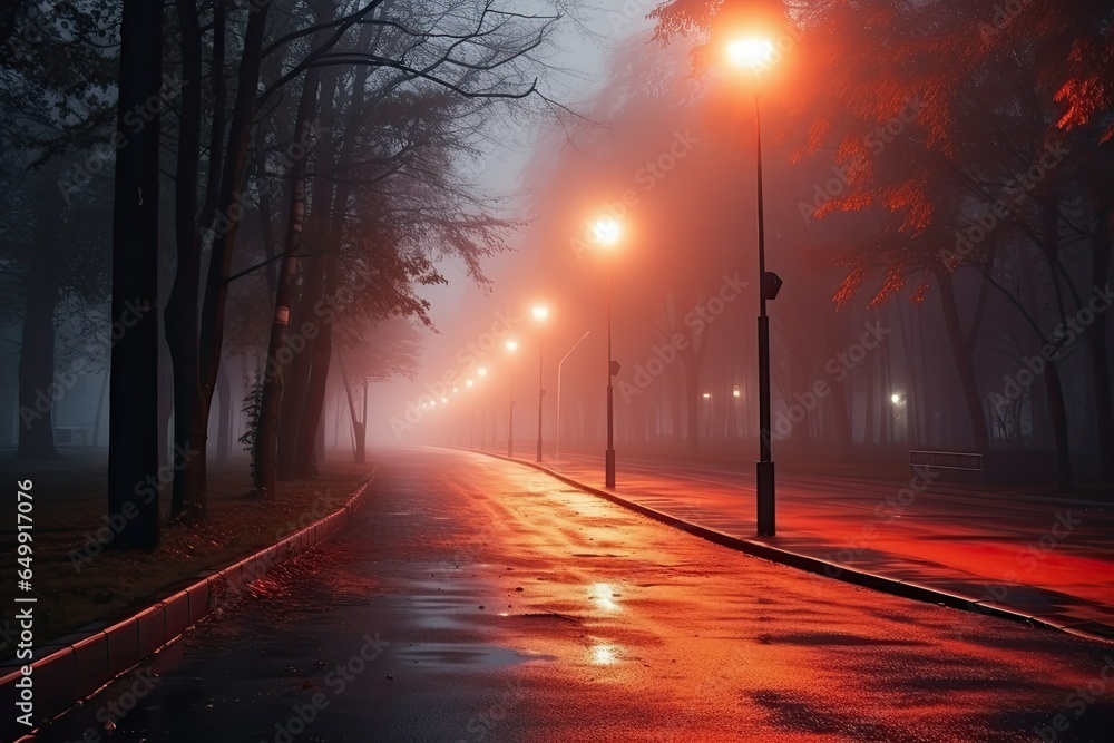 Foggy alley in the city park at night with street lamps, An empty illuminated country asphalt road through the trees and village in a fog on a rainy autumn day, AI Generated