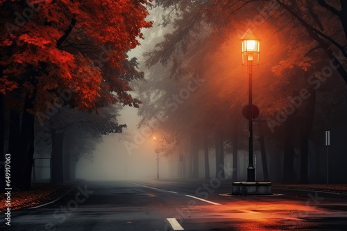 Foggy street lamp in the autumn park. 3d rendering, An empty illuminated country asphalt road through the trees and village in a fog on a rainy autumn day, AI Generated