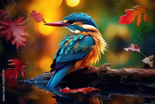 Kingfisher bird sitting on a branch with autumn leaves in the background, exotic bird perched on a branch above a tranquil pond, its feathers billowing with vibrant colors, AI Generated © Iftikhar alam