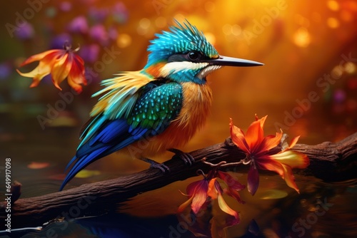 Beautiful Blue Kingfisher bird sitting on a branch near a flower. exotic bird perched on a branch above a tranquil pond, its feathers billowing with vibrant colors and shimmering, AI Generated