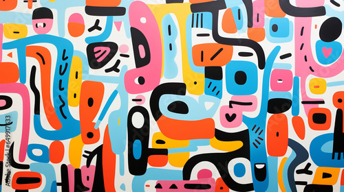 Whimsical doodles burst forth in a riot of vibrant colors. Playful geometric shapes intertwine, evoking a nostalgic yet fresh energy. A spirited canvas, perfect for youthful exuber