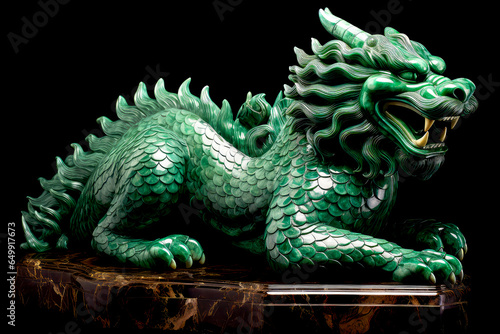 Green Chinese dragon malachite sculpture. Sign of Chinese New Year 2024. Mythological creature. Green fantasy dragon.