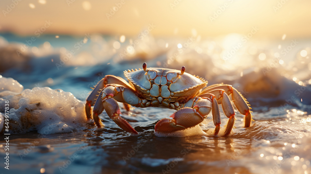 A river beach scene comes alive with a closeup of a crab, its intricate carapace contrasting with the soft, bokeh-blurred landscape. The creature's clawed silhouette suggests a dan - obrazy, fototapety, plakaty 
