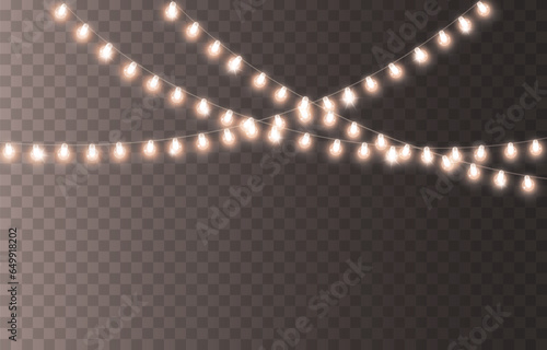 Lights bulbs isolated on transparent background. Glowing white fairy Christmas garland strings. Vector New Year party led lamps decoration