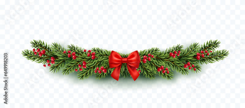 Christmas tree garland decoration with green fir branches, berries and red bow isolated on transparent background. Vector  pine, xmas evergreen plant banner.