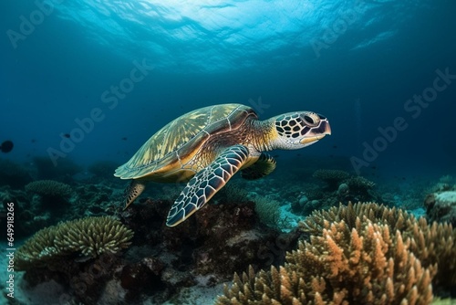 an underwater scene featuring a turtle diving. Generative AI © Rainier