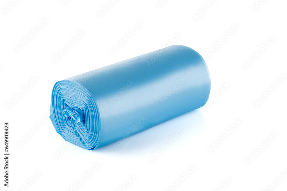 Roll of blue plastic garbage bags isolated on white background. Full depth of field. Close-up Roll of blue plastic garbage bags isolated on white background. Full depth of field. Close-up