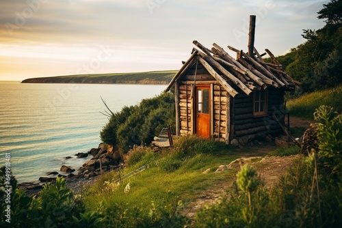 Charming seaside hut surrounded by a rustic wooden landscape. Generative AI