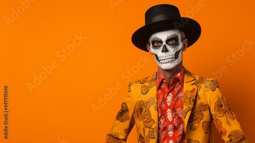 A Man with Halloween Face Paint Poses Against a Vivid and Bright Orange Background - Halloween and Day of the Dead Concept with Copy Space