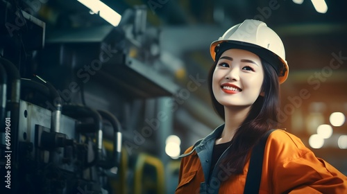 Asian working women happy smiling in hevy industry machinery factory. Engineer woman worker. Portrait of asian female engineer wearing safety helmet in industrial factory. photo