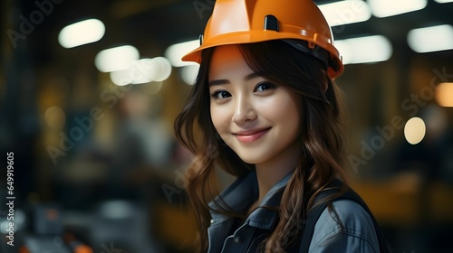 Asian working women happy smiling in hevy industry machinery factory. Engineer woman worker. photo