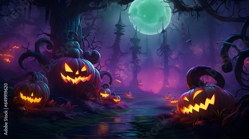 Halloween pumpkins in the forest at night. Halloween background with Evil Pumpkin. Spooky scary dark Night forrest. Holiday event halloween banner background concept	