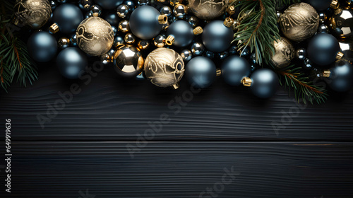 Christmas background with baubles and fir branches on black wooden board. Beautiful christmas card.