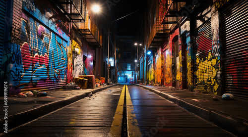Street with graffiti painted along the wall, in the style of night photography, new york city scenes