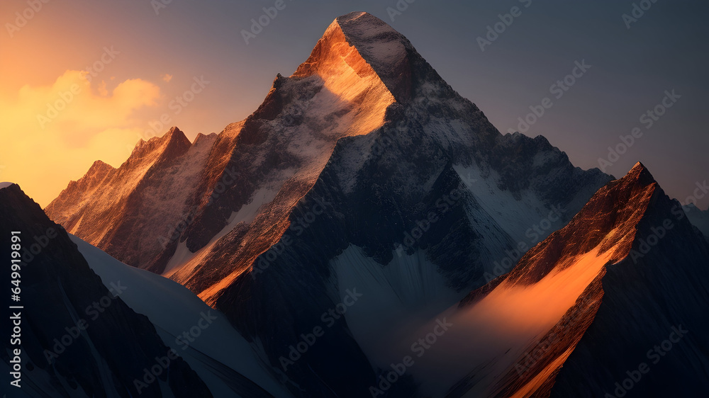 Serene Sunrise over Majestic Mountain Landscape.
Breathtaking mountain peak at dawn, untouched beauty in nature.