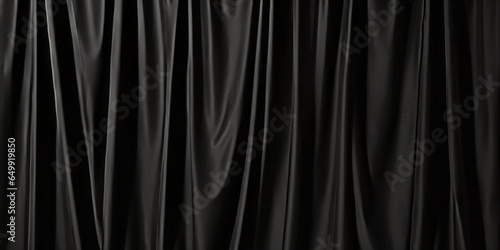 Close-up of a black sackcloth curtain folded into thin and thick vertical folds, and a wide shot of the drapery being used as a backdrop. texture-rich abstract wall murals and wallpapers. 