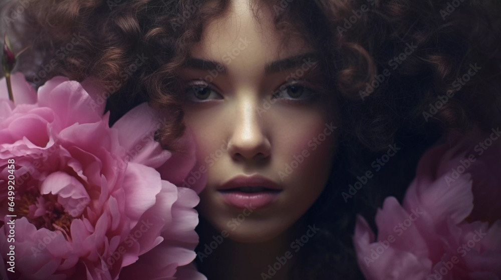 Portrait of a beautiful girl with peonies