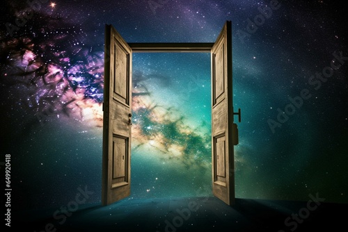 A door extending into a galaxy background, representing a magical portal to a new world. Symbolizes dreams and freedom. Generative AI