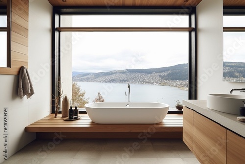 Contemporary bathroom with tub  accessories  and a wide window offering a scenic view. Generative AI