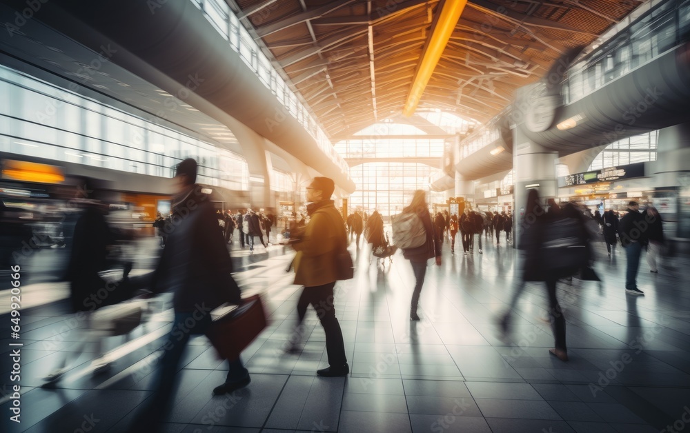 A bustling airport terminal scene with blurred travellers with baggage in motion. Generative AI A bustling airport terminal scene with blurred travellers with baggage in motion. Generative AI