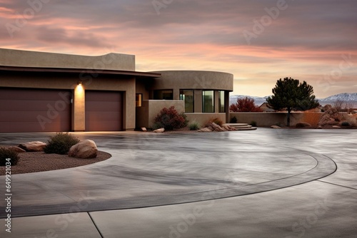 House garage, concrete driveway, sidewalk intersection, daybreak, Utah. Generative AI