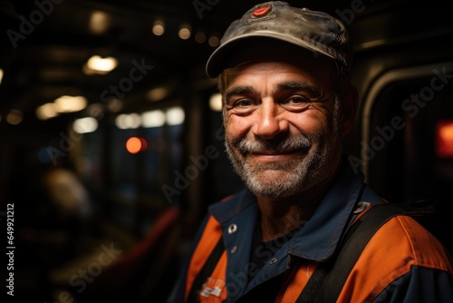 Train driver portrait. Elderly bearded European man smiles in a train cabin