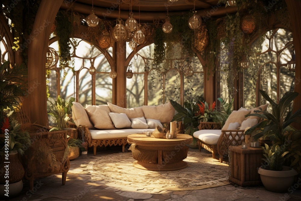 Render of an earthy indoor space adorned with foliage, furnishings, and ornaments. Generative AI